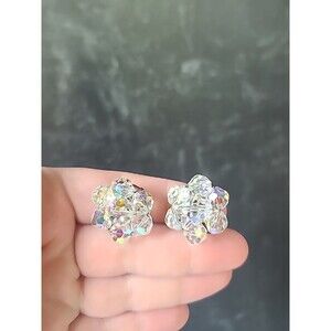 Aurora Borealis Floral Cluster Beaded Clip-on Earrings Vintage Costume Jewelry